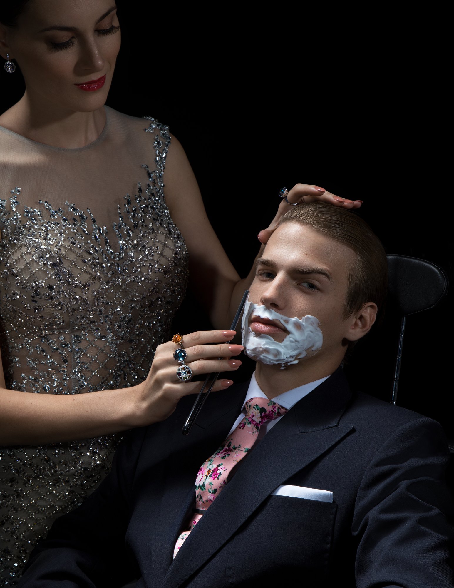 Blue topaz ring and citrine cocktail ring with diamond earring in elegant setting